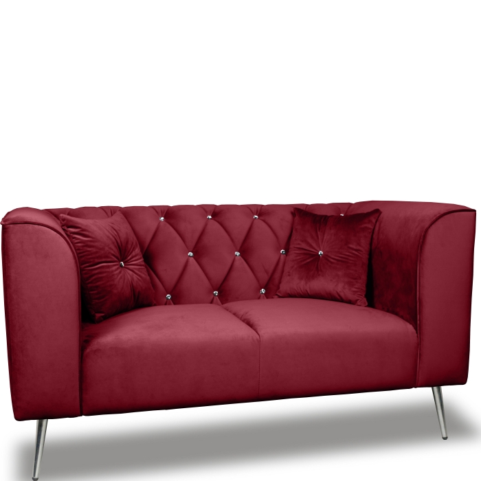 Sofa skandynawska dwuosobowa na wysokich metalowych nogach, sofa pikowana w guziki kryształowe - Kare 2-osobowa